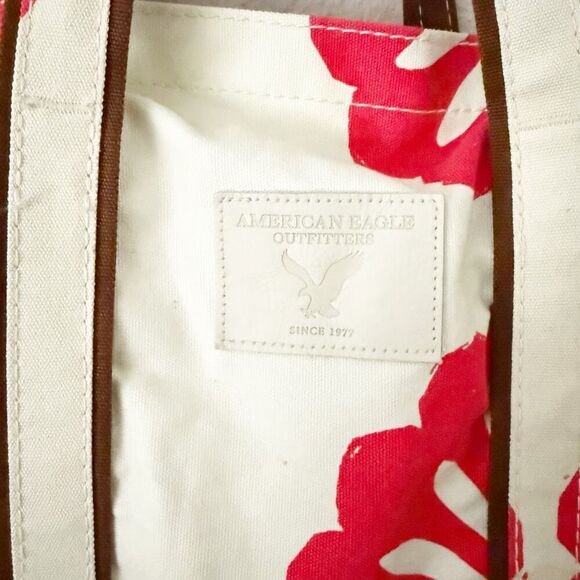 AMERICAN EAGLE | Cream Hot Pink Tote Bag Flower Yellow Interior Brown | XL - Picture 4 of 8